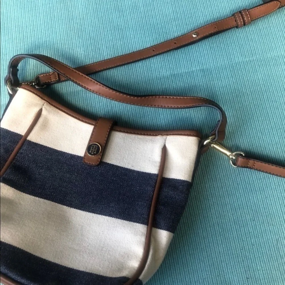 Tommy Hilfiger bag striped brown leather trim bag